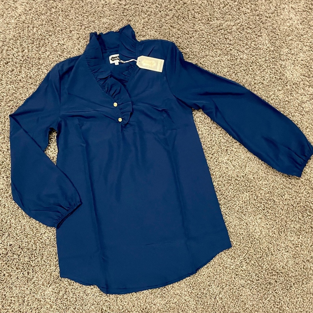 NWT Mud Pie Whitney Ruffle Neck Navy Blue Tunic, XS